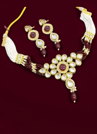 Glamorous Maroon Beads and Stone Work Necklace Set