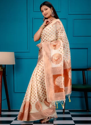 Glamorous Off White Kanjivaram Silk Classic Saree with Zari Work