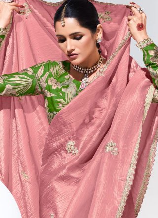 Glass Tissue Trendy Saree In Pink Color