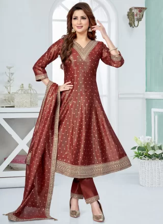Gleaming Brown Silk Anarkali Suit with Embroidered Work