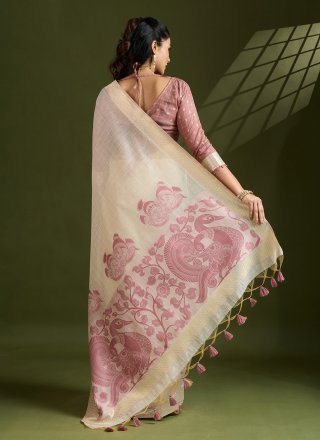 Gleaming Cream Cotton Contemporary Sari with Patch Border and Weaving Work