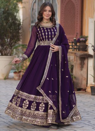 Gleaming Purple Faux Georgette Designer Gown with Embroidered, Sequins and Zari Work
