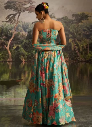 Glitzy Aqua Blue Georgette Readymade Lehenga Choli with Floral Patch Work
