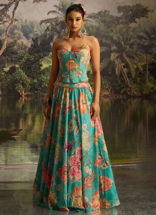 Glitzy Aqua Blue Georgette Readymade Lehenga Choli with Floral Patch Work