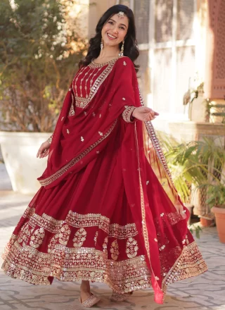 Glitzy Red Faux Georgette  Designer Gown