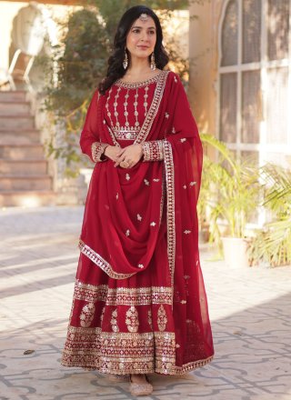 Glitzy Red Faux Georgette  Designer Gown
