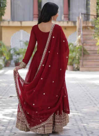 Glitzy Red Faux Georgette Gown with Embroidered, Sequins and Zari Work
