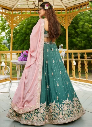 Glitzy Teal Chiffon A - Line Lehenga Choli with Embroidered, Sequins and Zari Work