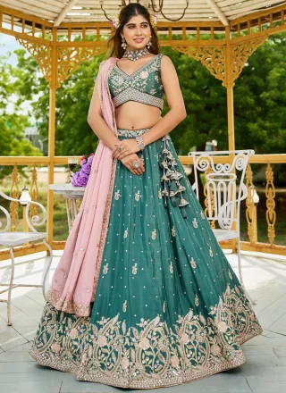 Glitzy Teal Chiffon A - Line Lehenga Choli with Embroidered, Sequins and Zari Work