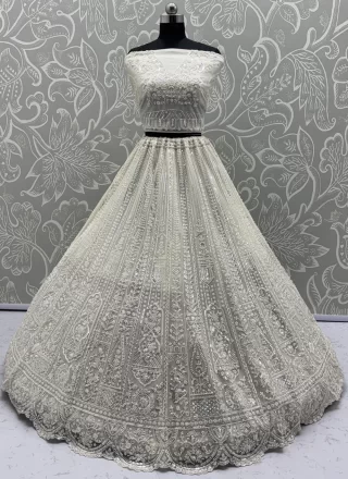 Glitzy White Net A - Line Lehenga Choli with Embroidered, Moti, Sequins and Thread Work