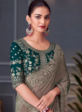 Glorious Grey Silk Traditional Saree with Patch Border, Cut, Embroidered and Zari Work