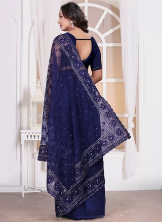 Glossy Blue Net Traditional Saree with Diamond, Embroidered, Resham, Zari and Zircon Work