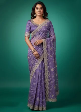 Glossy Lavender Organza Contemporary Sari with Embroidered and Thread Work