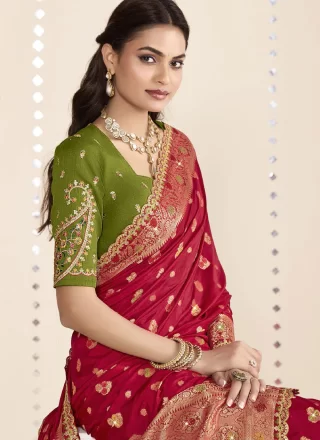Glossy Rani and Red Silk Designer Saree with Patch Border, Embroidered, Jacquard, Stone and Zari Work