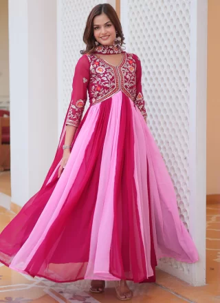 Glowing Pink Faux Georgette Gown with Embroidered, Sequins and Thread Work