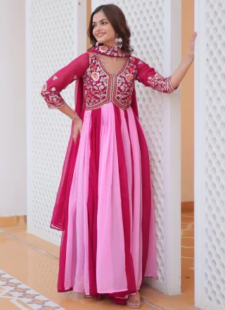Glowing Pink Faux Georgette Gown with Embroidered, Sequins and Thread Work