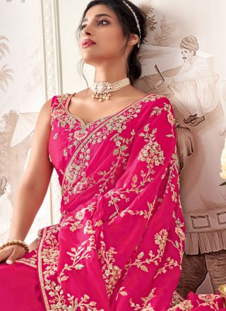 Glowing Rani Organza Traditional Saree with Embroidered, Sequins, Stone and Zari Work