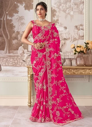 Glowing Rani Organza Traditional Saree with Embroidered, Sequins, Stone and Zari Work