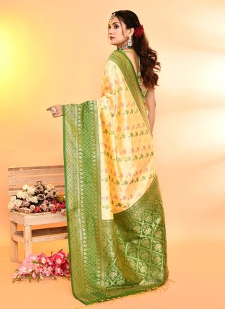Gold and Green Silk Contemporary Sari with Patch Border, Plain and Weaving Work