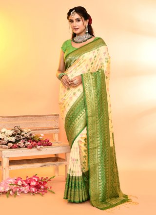 Gold and Green Silk Contemporary Sari with Patch Border, Plain and Weaving Work