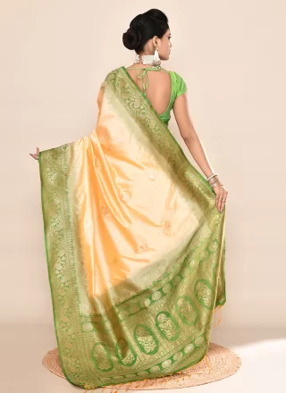 Gold and Green Silk Patch Border, Plain and Weaving Work Contemporary Sari