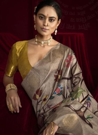 Gold and Grey Silk Classic Sari with Woven and Zari Work