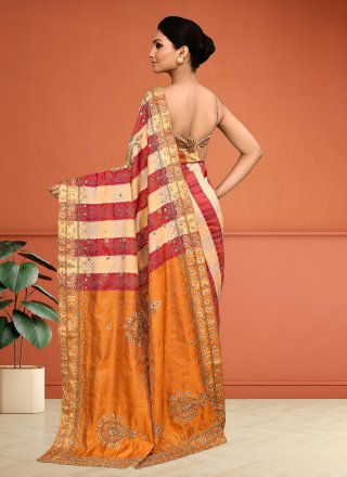 Gold and Hot Pink Kanjivaram Silk Contemporary Sari with Hand Work