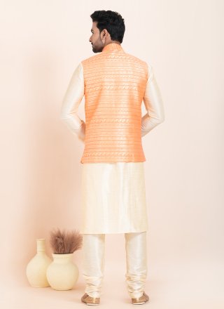 Gold and Orange Banarasi Silk Kurta Payjama with Jacket with Jacquard Work for Men