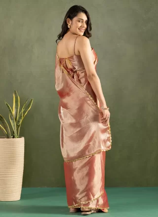 Gold and Pink Chiffon Patch Border Work Contemporary Sari for Casual