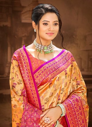 Gold and Purple Silk Trendy Saree with Weaving Work for Women