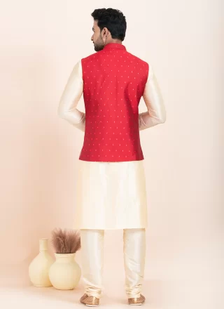 Gold and Red Banarasi Silk Jacquard Work Kurta Payjama with Jacket