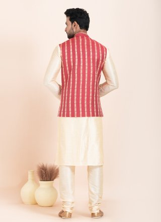 Gold and Red Banarasi Silk Jacquard Work Kurta Payjama with Jacket for Ceremonial