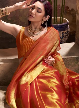 Gold and Rust Woven Work Silk Designer Sari