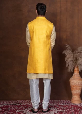 Gold and Yellow Silk Blend Embroidered Work Kurta Payjama with Jacket for Ceremonial