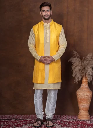 Gold and Yellow Silk Blend Embroidered Work Kurta Payjama with Jacket for Ceremonial