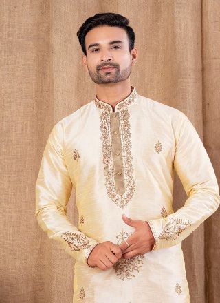 Gold Art Silk Buttons Work Kurta Pyjama for Ceremonial