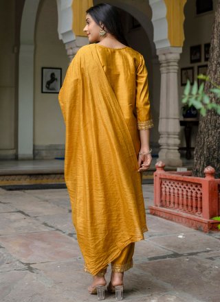 Gold Cotton Embroidered, Sequins and Zari Work Readymade Salwar Suit for Casual