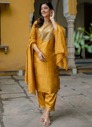 Gold Cotton Embroidered, Sequins and Zari Work Readymade Salwar Suit for Casual