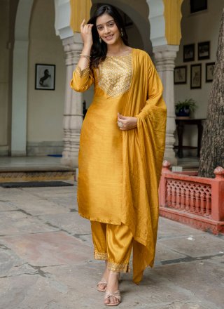 Gold Cotton Embroidered, Sequins and Zari Work Readymade Salwar Suit for Casual