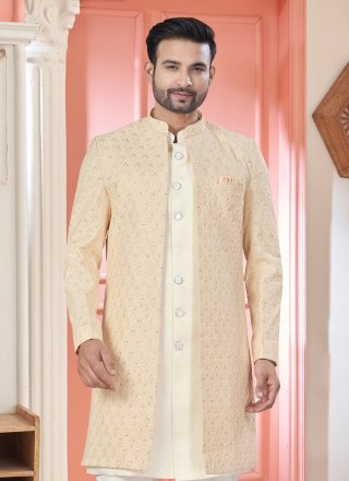 Gold Embroidered and Sequins Work Art Silk Indo Western