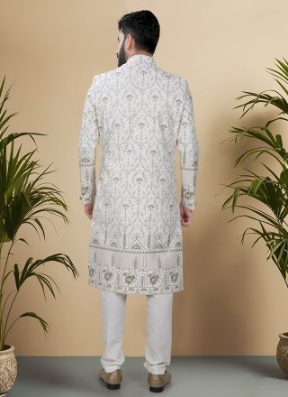 Gold, Green and Off White Silk Sherwani Mens Wear