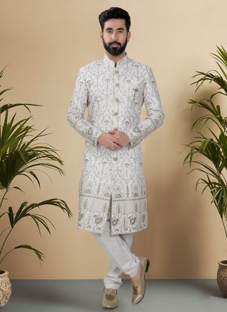 Gold, Green and Off White Silk Sherwani Mens Wear