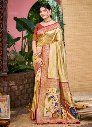 Gold Kanjivaram Silk Weaving Work Contemporary Saree