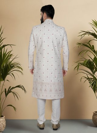 Gold, Maroon and Off White Silk Sherwani Mens Wear