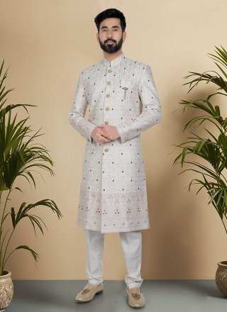 Gold, Maroon and Off White Silk Sherwani Mens Wear