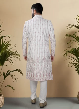 Gold, Off White and Pink Silk Sherwani Mens Wear with Embroidered, Sequins and Thread Work