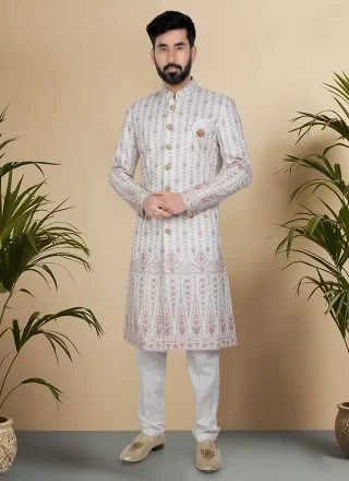Gold, Off White and Pink Silk Sherwani Mens Wear with Embroidered, Sequins and Thread Work