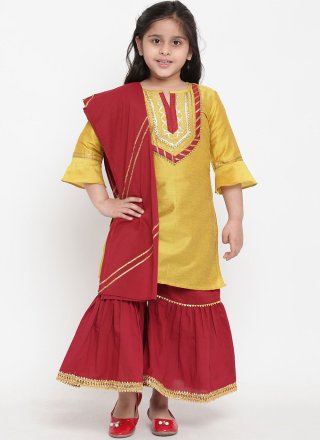 Gold Rayon Palazzo Salwar Suit with Lace Work