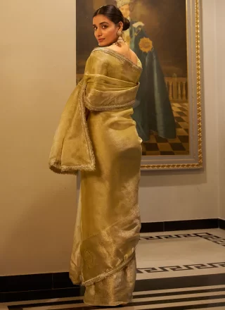 Gold Shimmer Classic Sari with Lace, Sequins, Weaving and Zari Work
