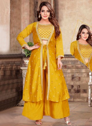 Gold Silk Embroidered Work Salwar Suit for Ceremonial